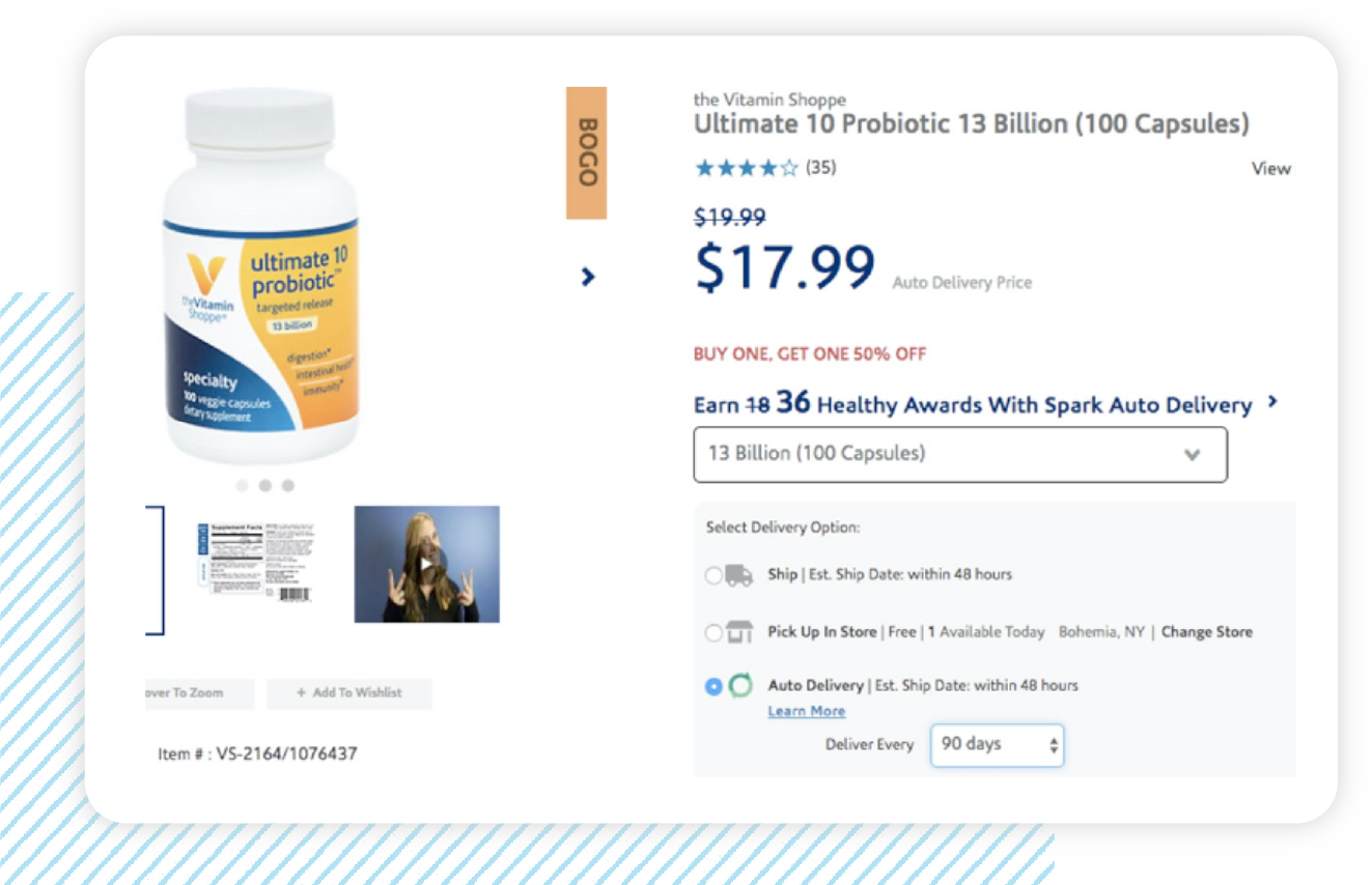 Vitamin Shoppe shows loyalty awards for subscription orders on PDPs.