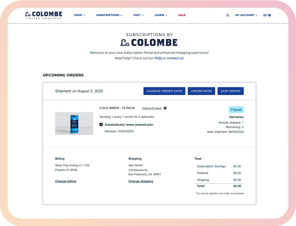 La Colombe subscriber dashboard