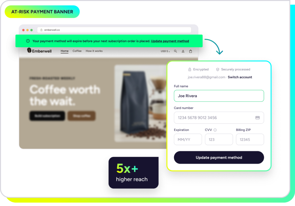 At-Risk Payment Banner prompting a subscriber to update their card, expanding alert reach 5x