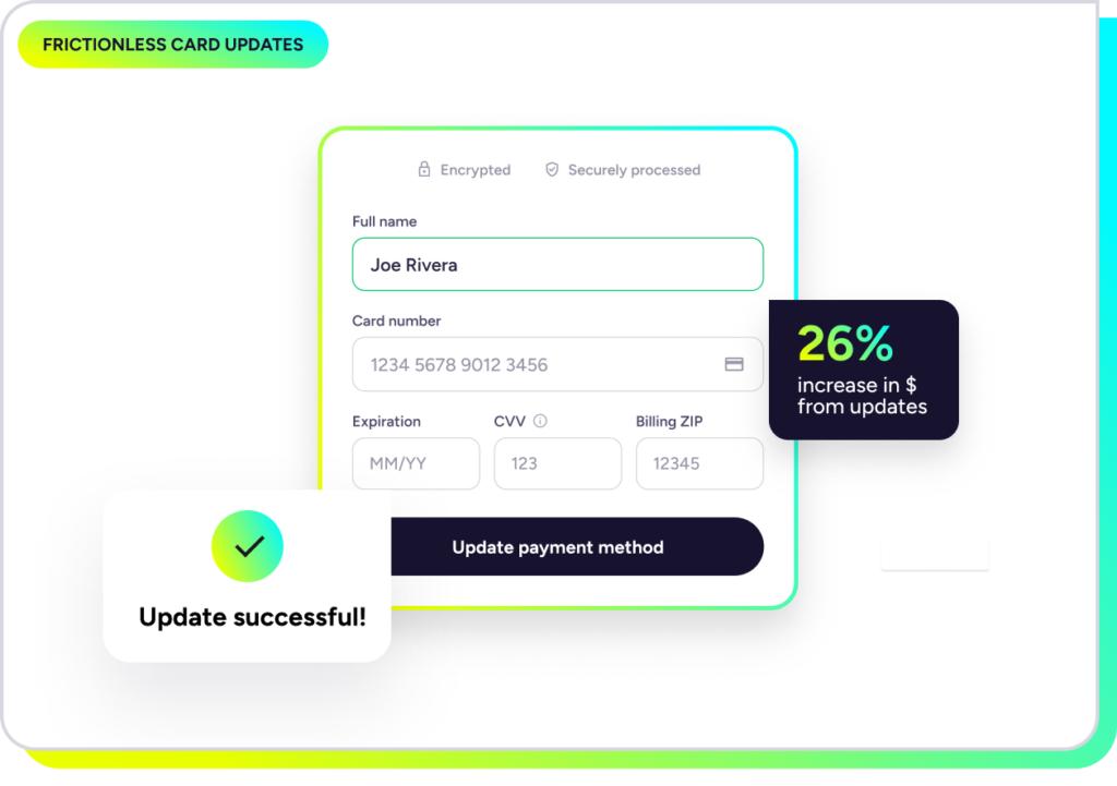 One-tap frictionless card-update form dropped into a subscriber's flow