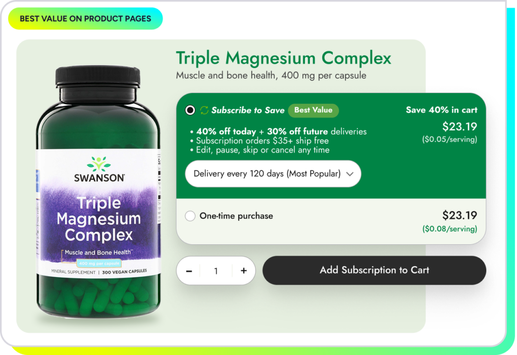 Swanson Triple Magnesium Complex product page with a Best Value Subscribe to Save offer